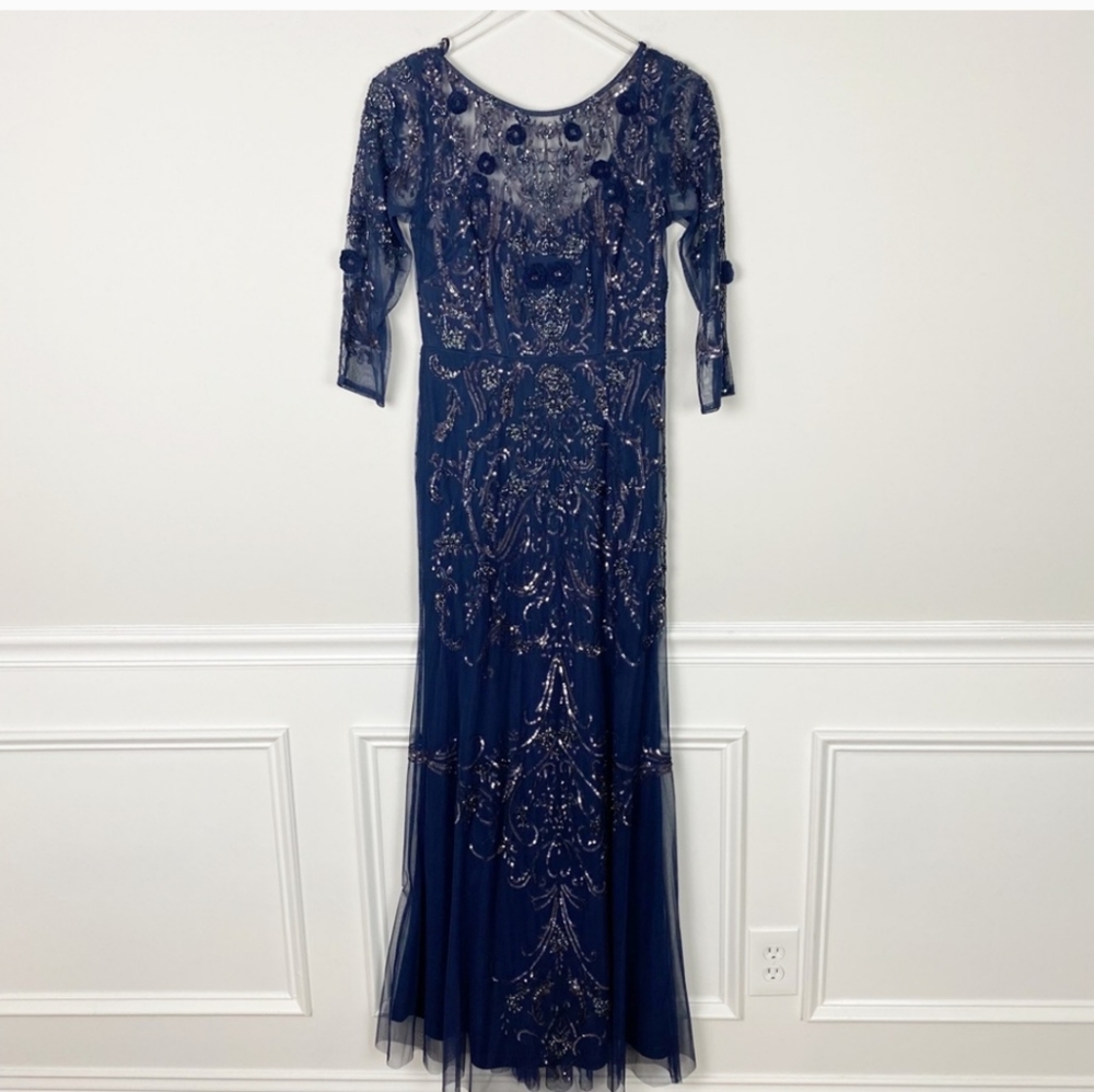 Aidan Mattox Formal beaded gown Size 4 Midnight Blue Navy Sapphire 3/4 sleeve